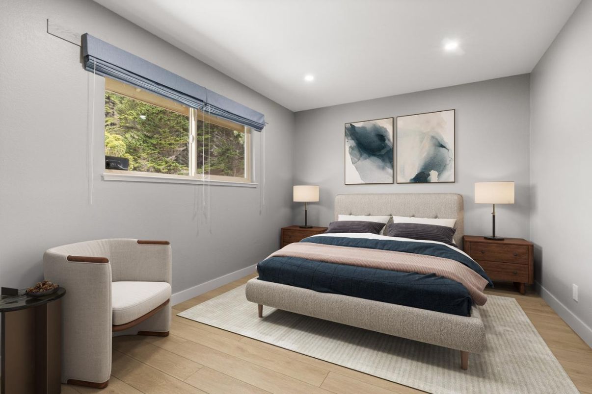 Bedroom, Interior, Recessed Lighting, Wood Texture Flooring