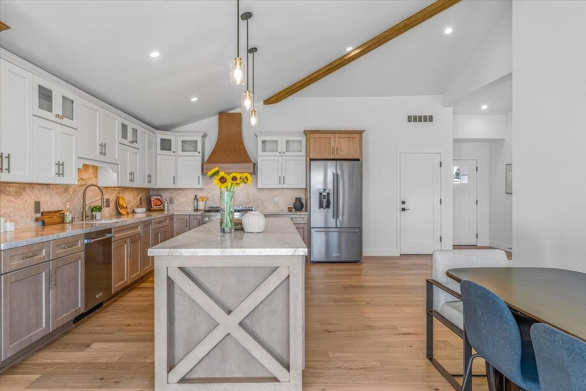 Interior, Kitchen, Pendant Lights, Recessed Lighting, Stainless Steel Appliances, Wood Texture Flooring