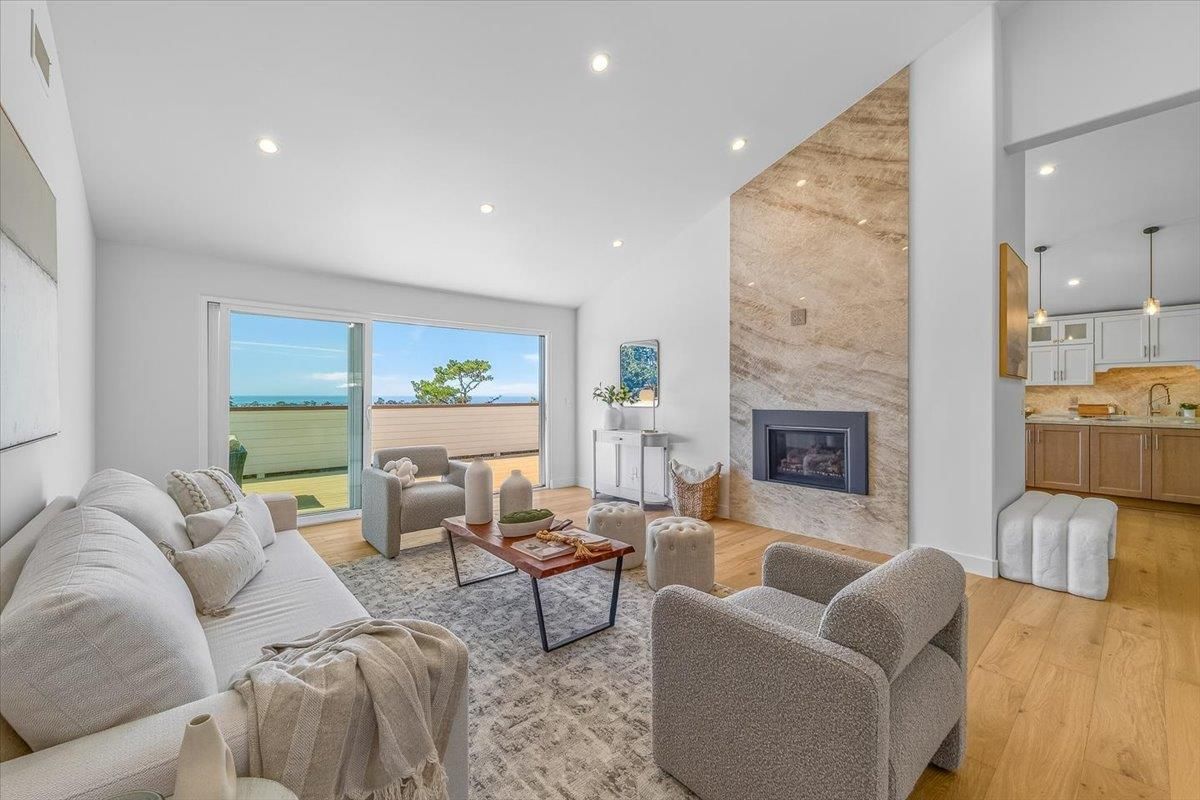 Fireplace, Interior, Living room, Pendant Lights, Recessed Lighting, Water, Wood Texture Flooring