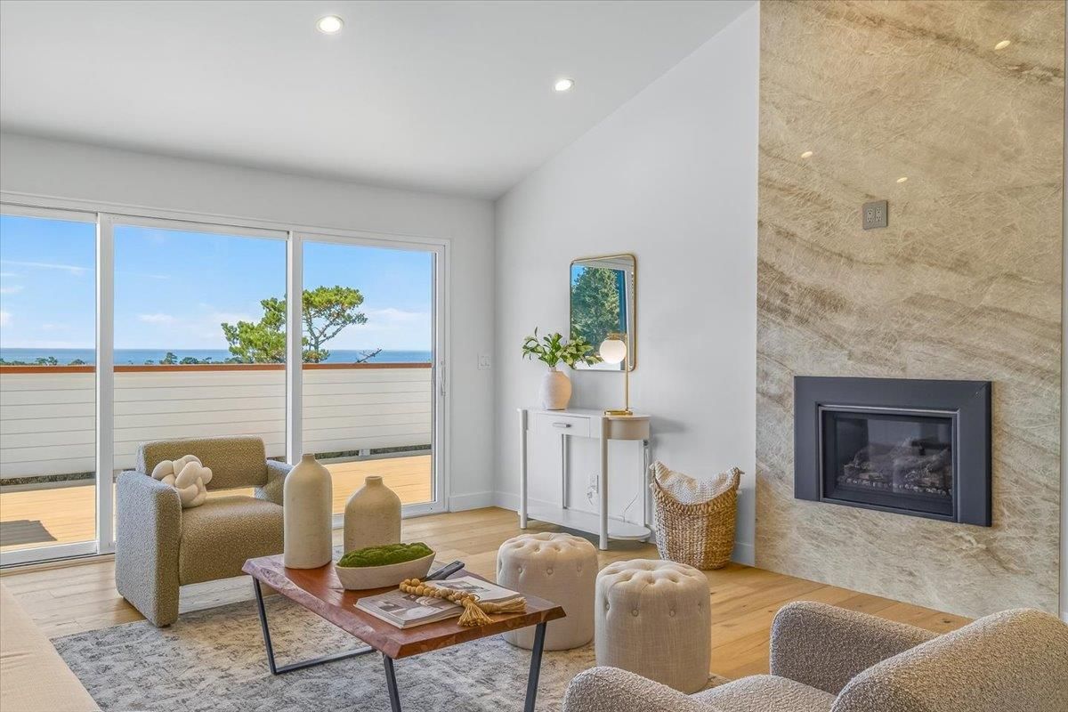 Fireplace, Interior, Living room, Recessed Lighting, Water, Wood Texture Flooring