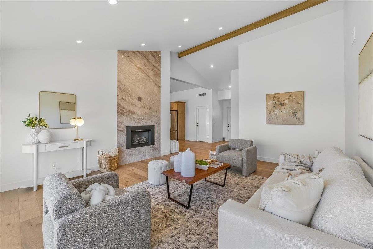 Fireplace, Interior, Living room, Recessed Lighting, Wooden Beams, Wood Texture Flooring