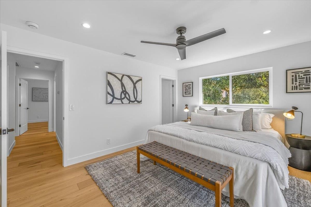 Bedroom, Interior, Recessed Lighting, Wood Texture Flooring