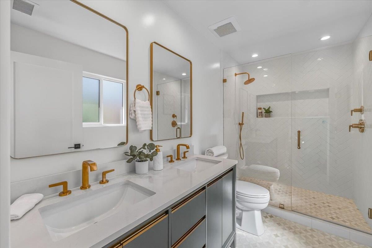 Bathroom, Dual Sink Vanities, Glass Shower, Interior, Recessed Lighting