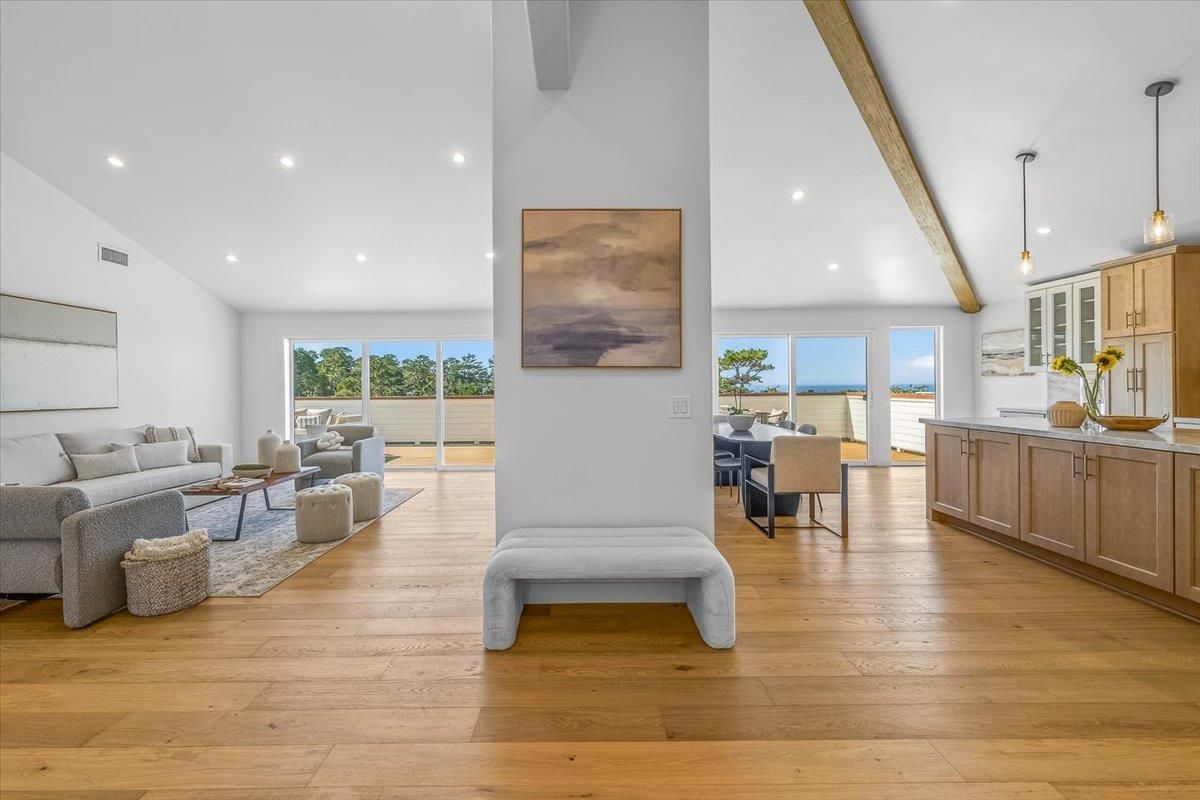 Dining room, Interior, Living room, Pendant Lights, Recessed Lighting, Water, Wooden Beams, Wood Texture Flooring