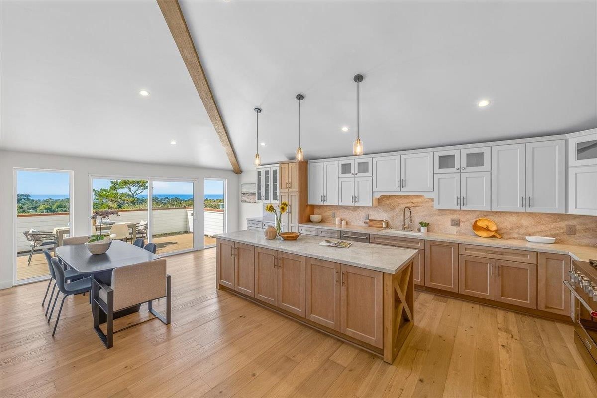 Dining room, Interior, Kitchen, Pendant Lights, Recessed Lighting, Water, Wooden Beams, Wood Texture Flooring