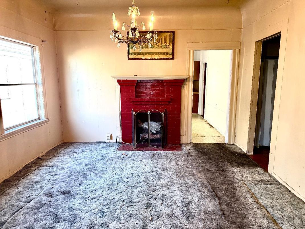Chandelier, Empty room, Fireplace, Interior