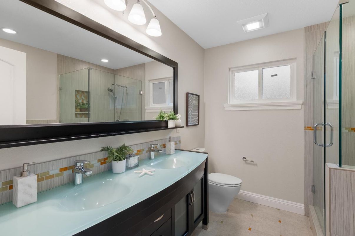 Bathroom, Dual Sink Vanities, Glass Shower, Interior, Recessed Lighting