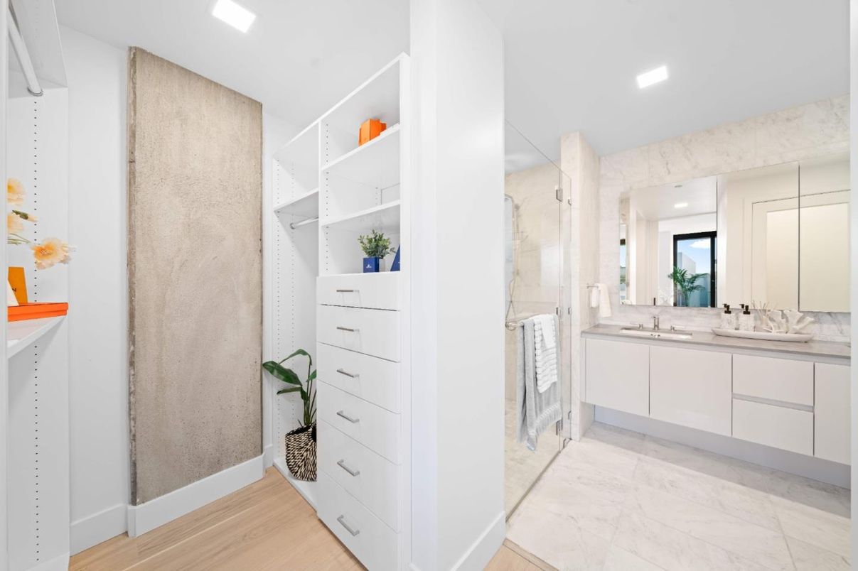Bathroom, Dual Sink Vanities, Interior, Marble, Recessed Lighting, Walk-in Closets, Wood Texture Flooring