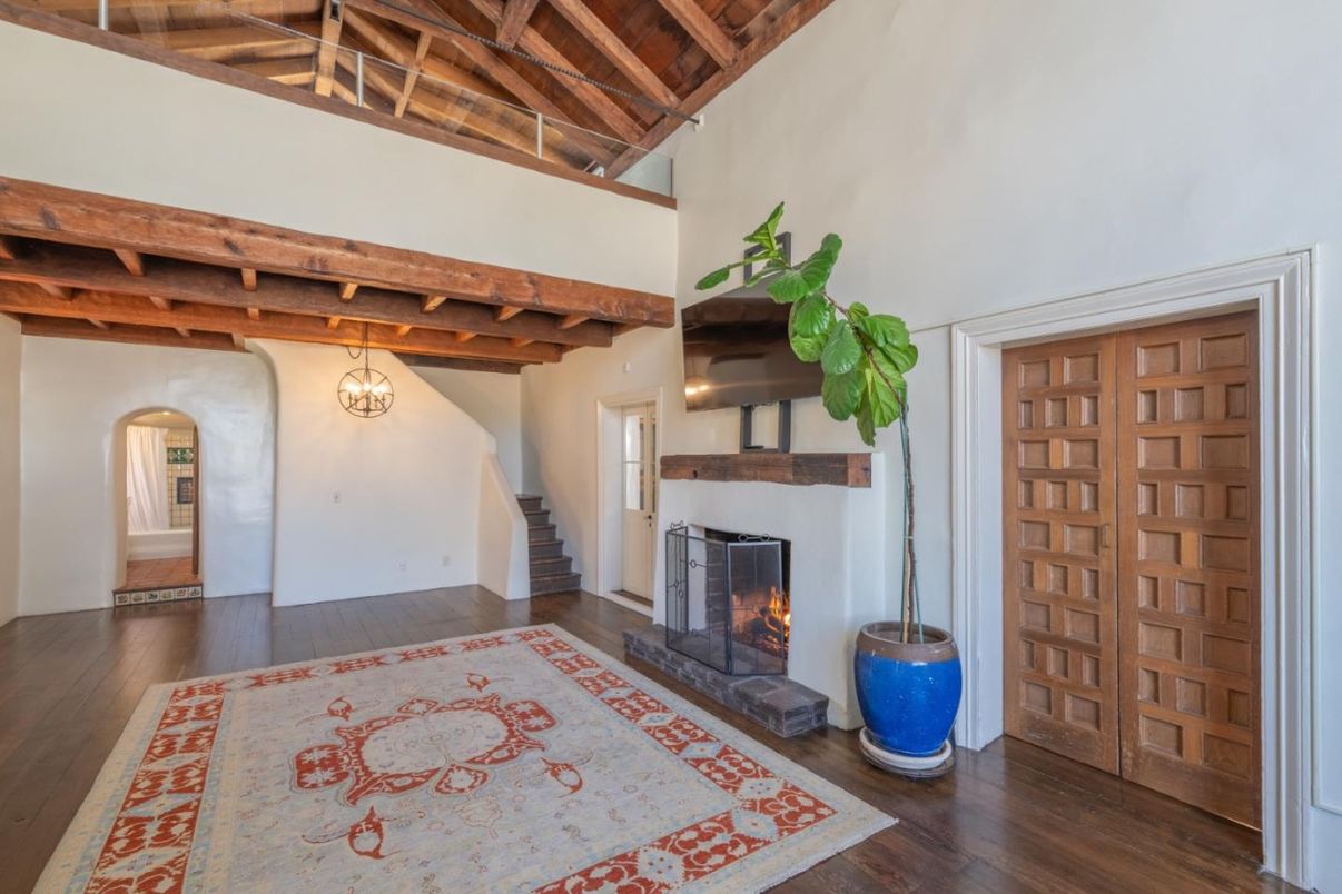 Fireplace, Interior, Pendant Lights, Wooden Beams, Wood Texture Flooring