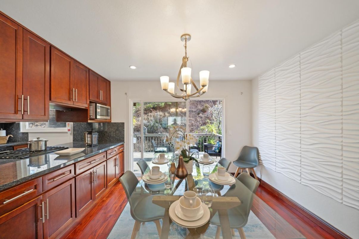 Chandelier, Dining room, Interior, Kitchen, Recessed Lighting, Wood Texture Flooring