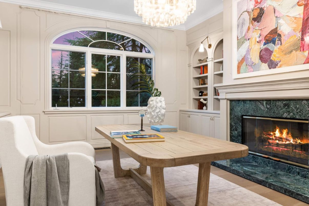 Chandelier, Fireplace, Home Office, Interior