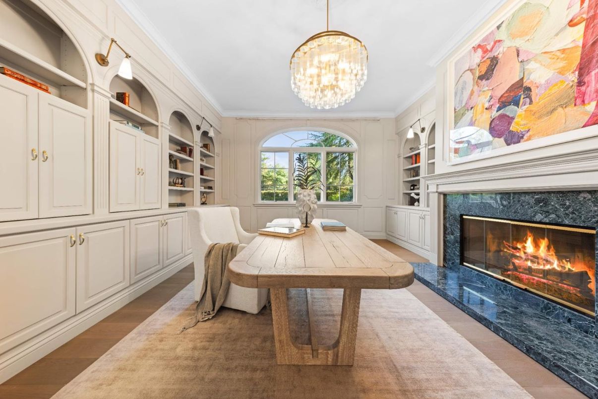 Chandelier, Fireplace, Home Office, Interior, Pendant Lights, Wood Texture Flooring