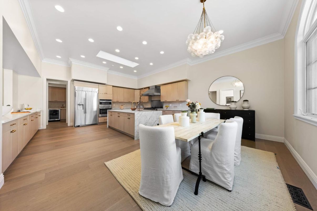 Dining room, Interior, Kitchen, Pendant Lights, Recessed Lighting, Stainless Steel Appliances, Wood Texture Flooring