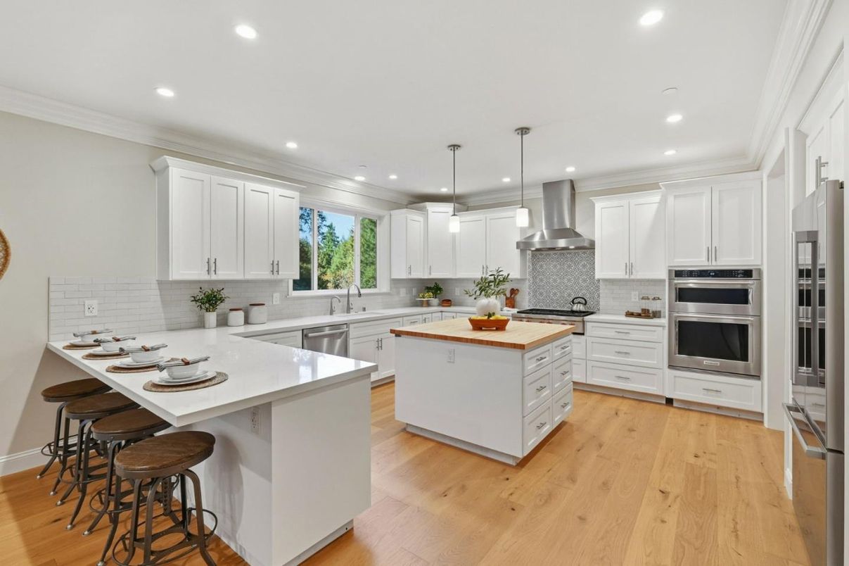 Interior, Kitchen, Pendant Lights, Recessed Lighting, Stainless Steel Appliances, Wood Texture Flooring