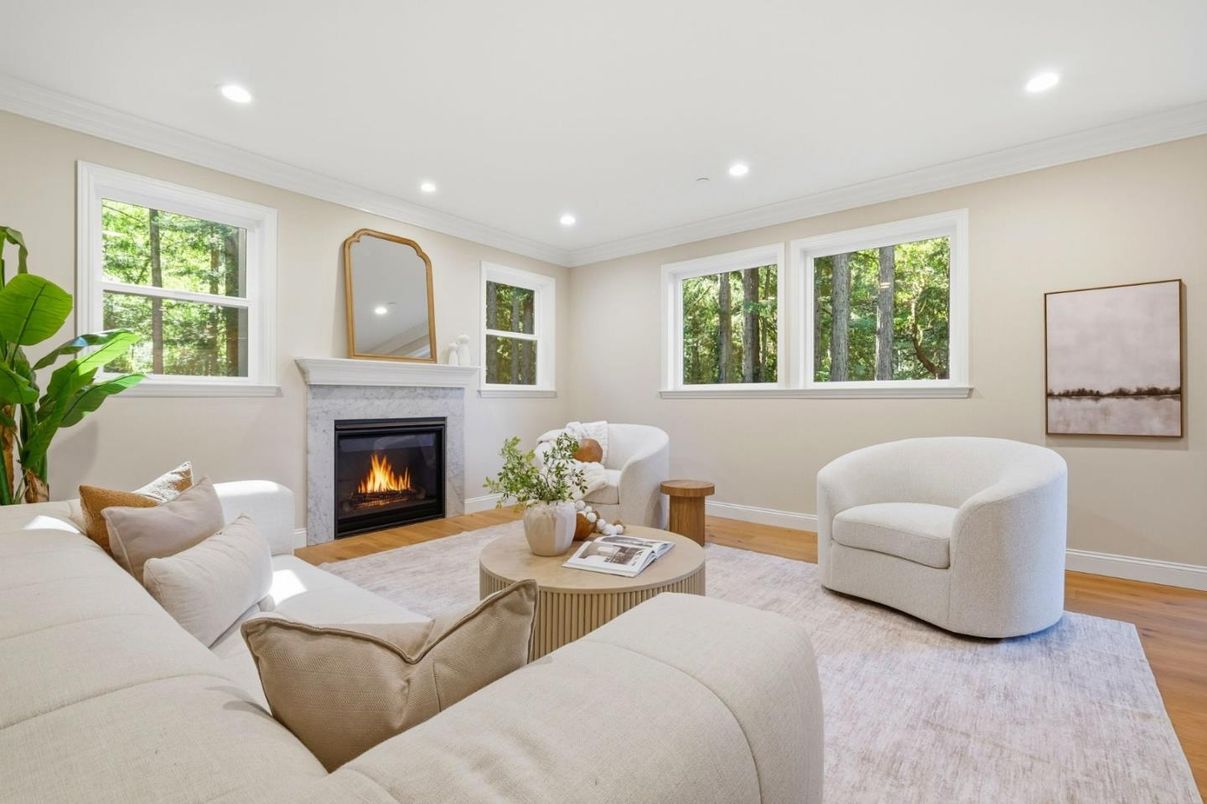 Fireplace, Interior, Living room, Recessed Lighting, Wood Texture Flooring