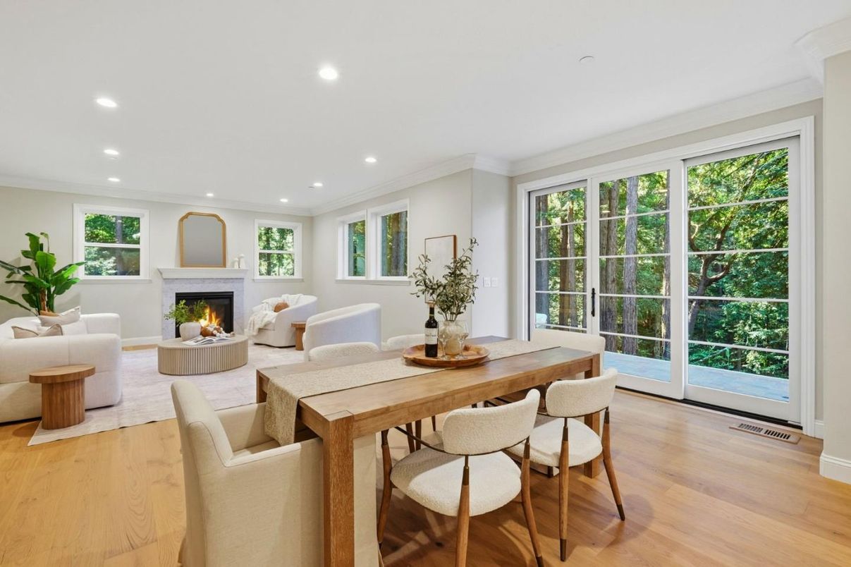 Dining room, Fireplace, Interior, Living room, Recessed Lighting, Wood Texture Flooring