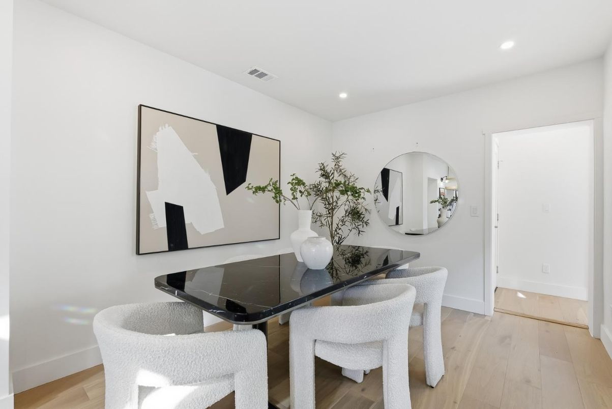 Dining room, Interior, Recessed Lighting, Wood Texture Flooring