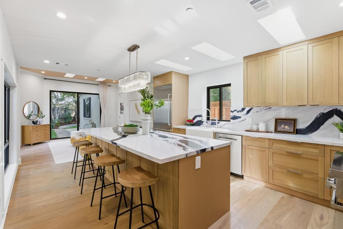 Chandelier, Interior, Kitchen, Recessed Lighting, Stainless Steel Appliances, Wood Texture Flooring