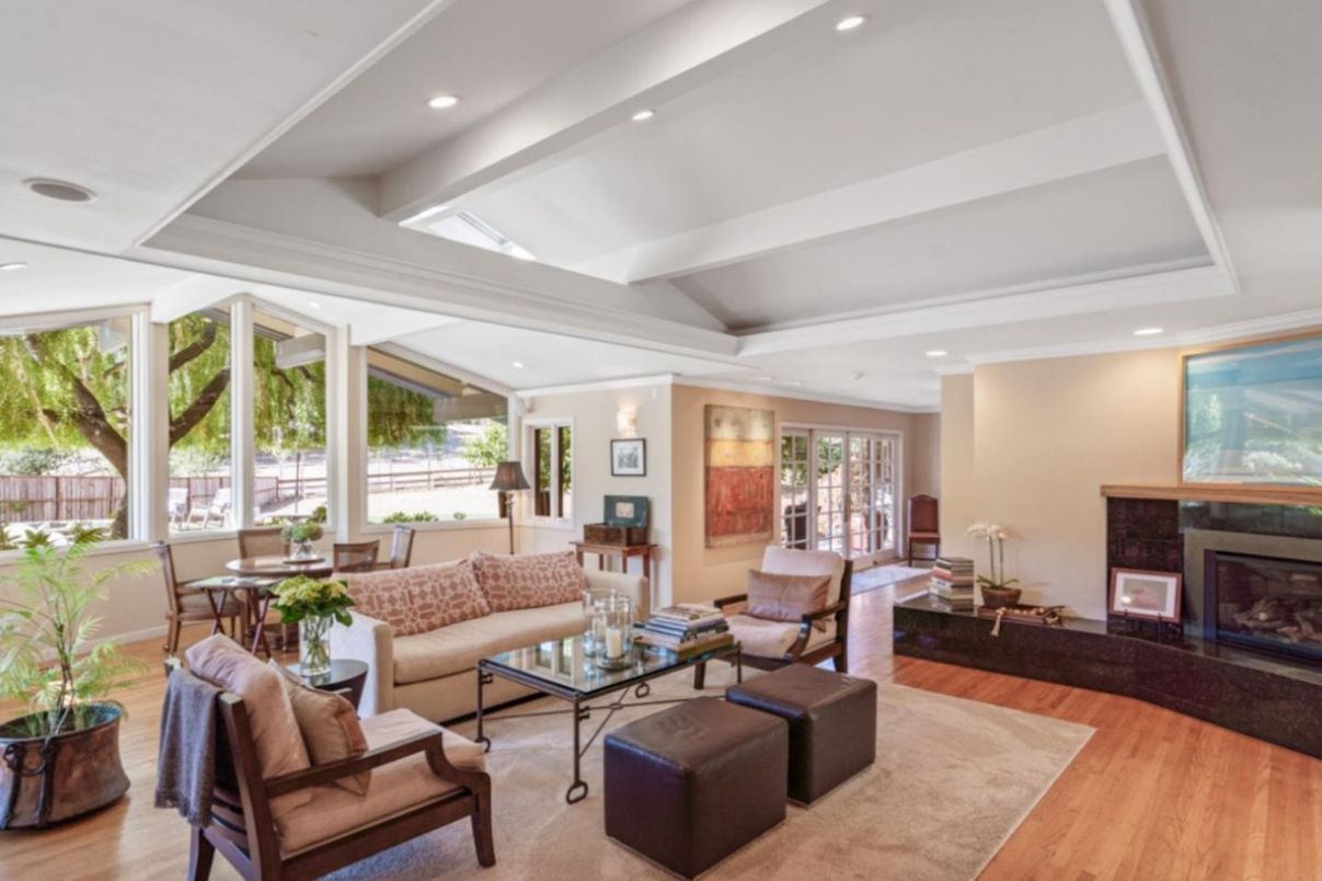 Dining room, Fireplace, Interior, Living room, Recessed Lighting, Wood Texture Flooring