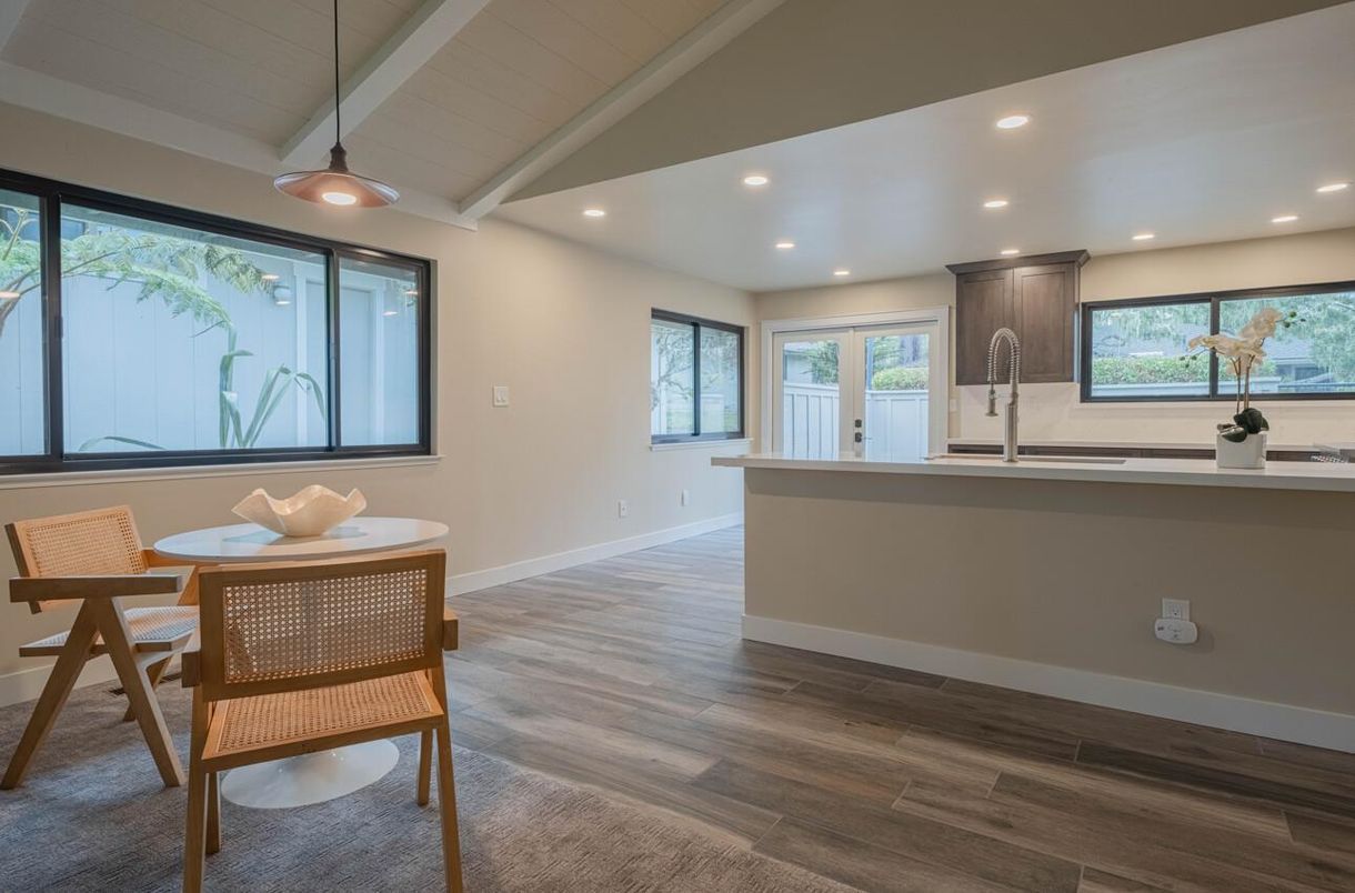 Dining room, Interior, Pendant Lights, Recessed Lighting, Wood Texture Flooring