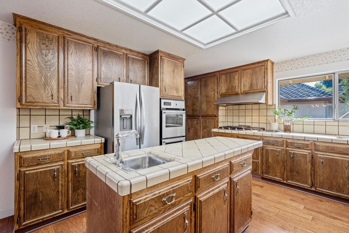 Interior, Kitchen, Tile Countertops, Wood Texture Flooring