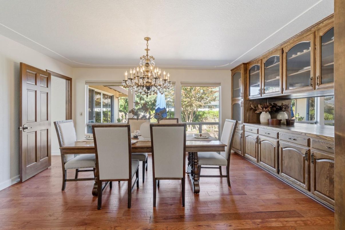 Chandelier, Dining room, Interior, Wood Texture Flooring