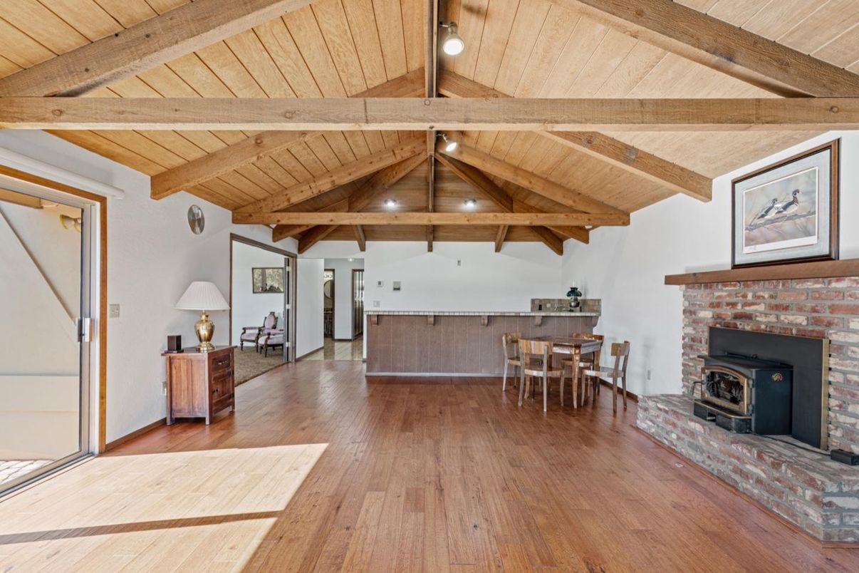 Dining room, Fireplace, Interior, Wooden Beams, Wooden Ceilings, Wood Texture Flooring