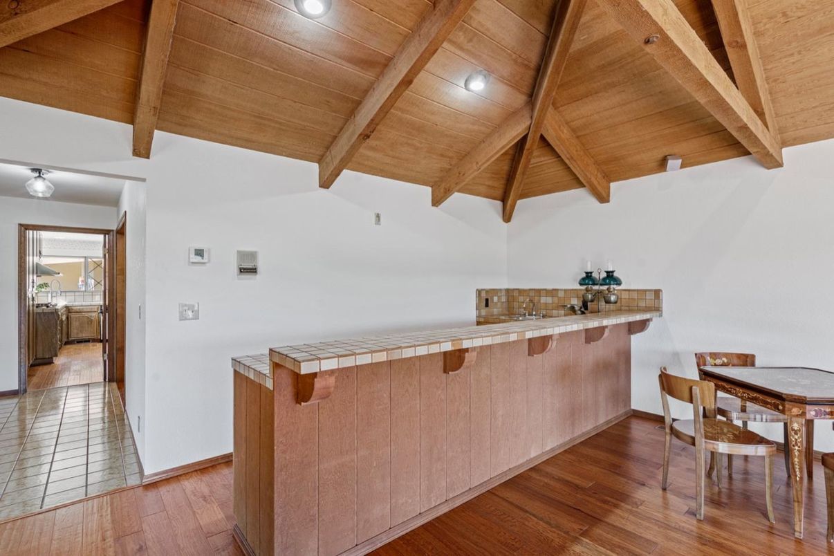 Dining room, Interior, Recessed Lighting, Wooden Beams, Wooden Ceilings, Wood Texture Flooring