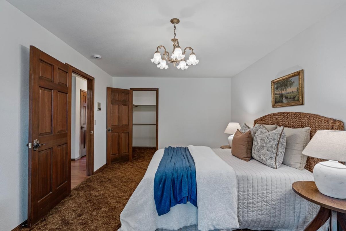 Bedroom, Chandelier, Interior, Wood Texture Flooring