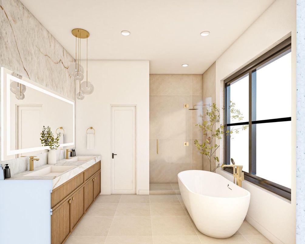 Bathroom, Dual Sink Vanities, Free Standing Baths, Glass Shower, Interior, Pendant Lights, Recessed Lighting