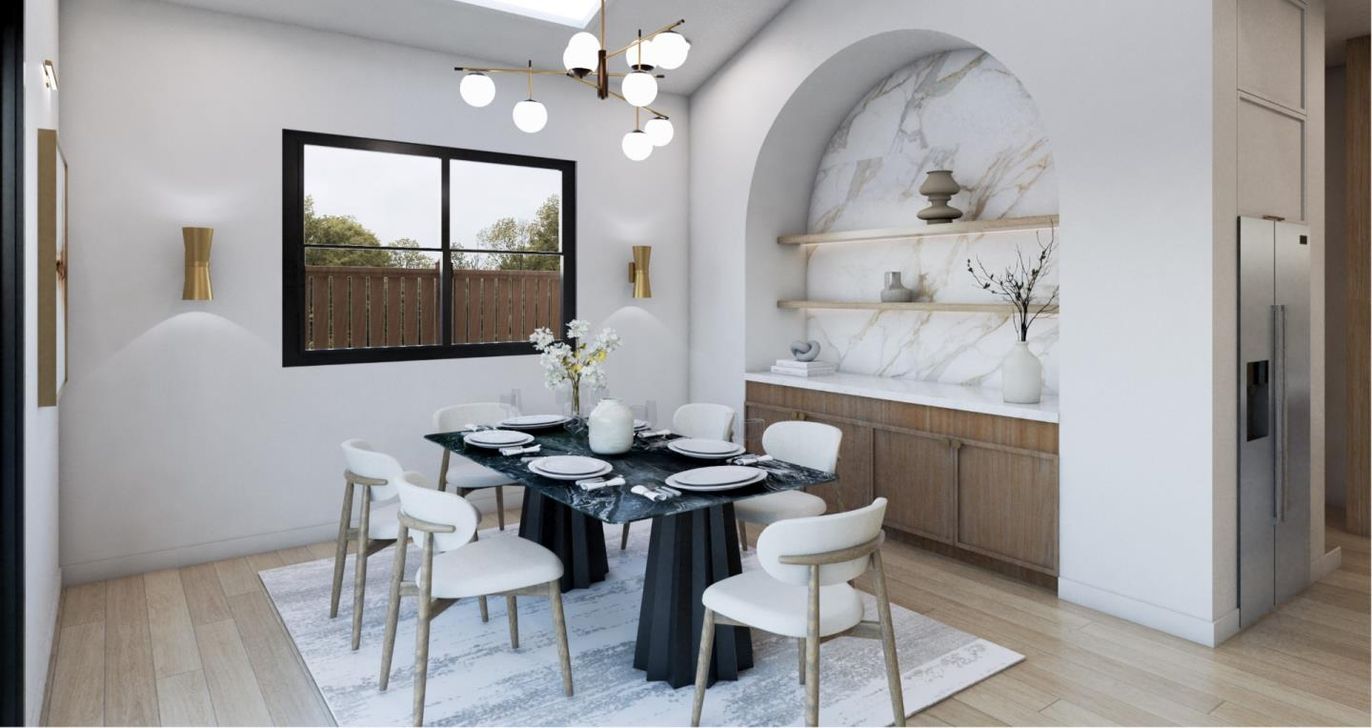 Dining room, Interior, Marble Walls, Pendant Lights, Wood Texture Flooring