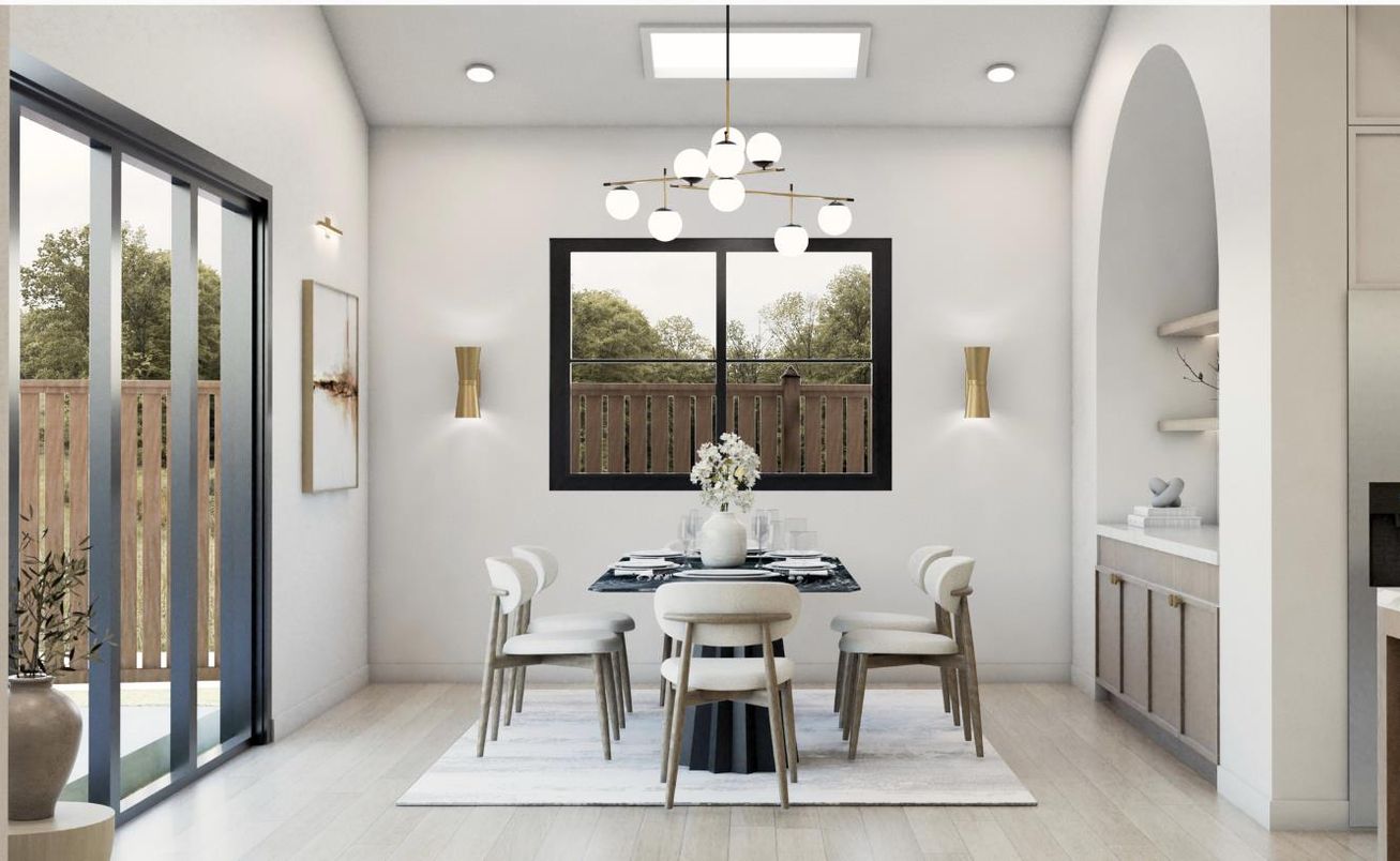 Dining room, Interior, Pendant Lights, Recessed Lighting, Wood Texture Flooring