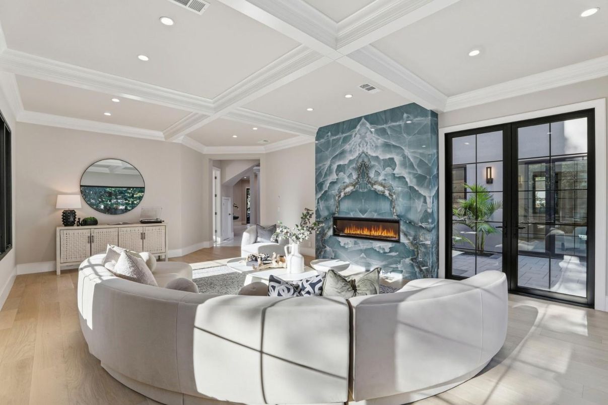 Fireplace, Interior, Living room, Recessed Lighting, Wood Texture Flooring