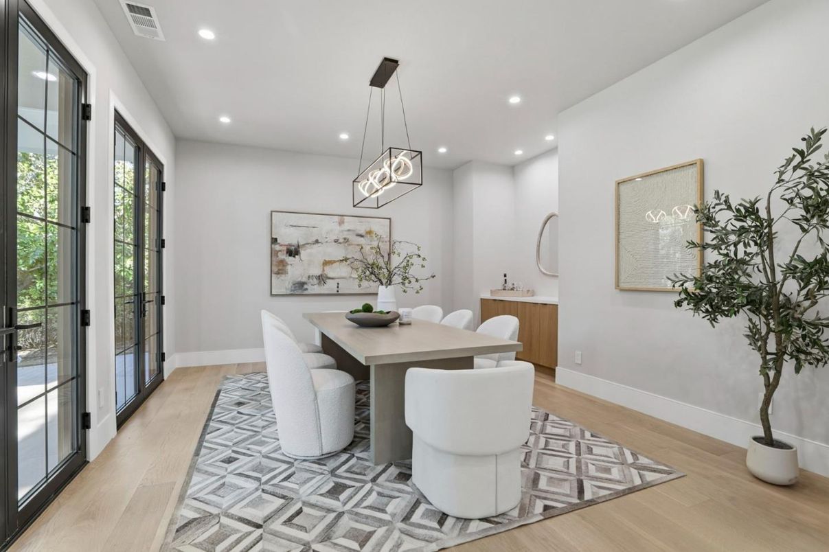 Dining room, Interior, Pendant Lights, Recessed Lighting, Wood Texture Flooring