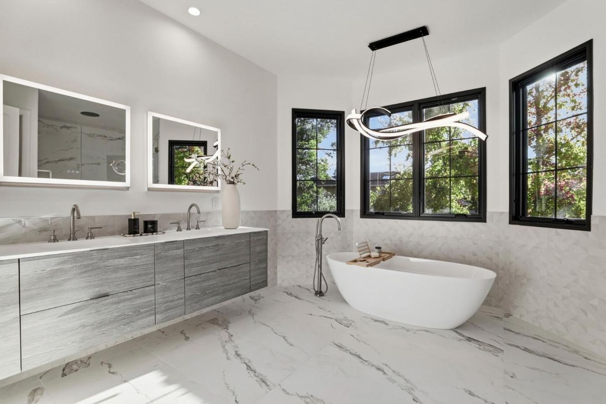 Bathroom, Dual Sink Vanities, Free Standing Baths, Interior, Marble, Pendant Lights, Recessed Lighting