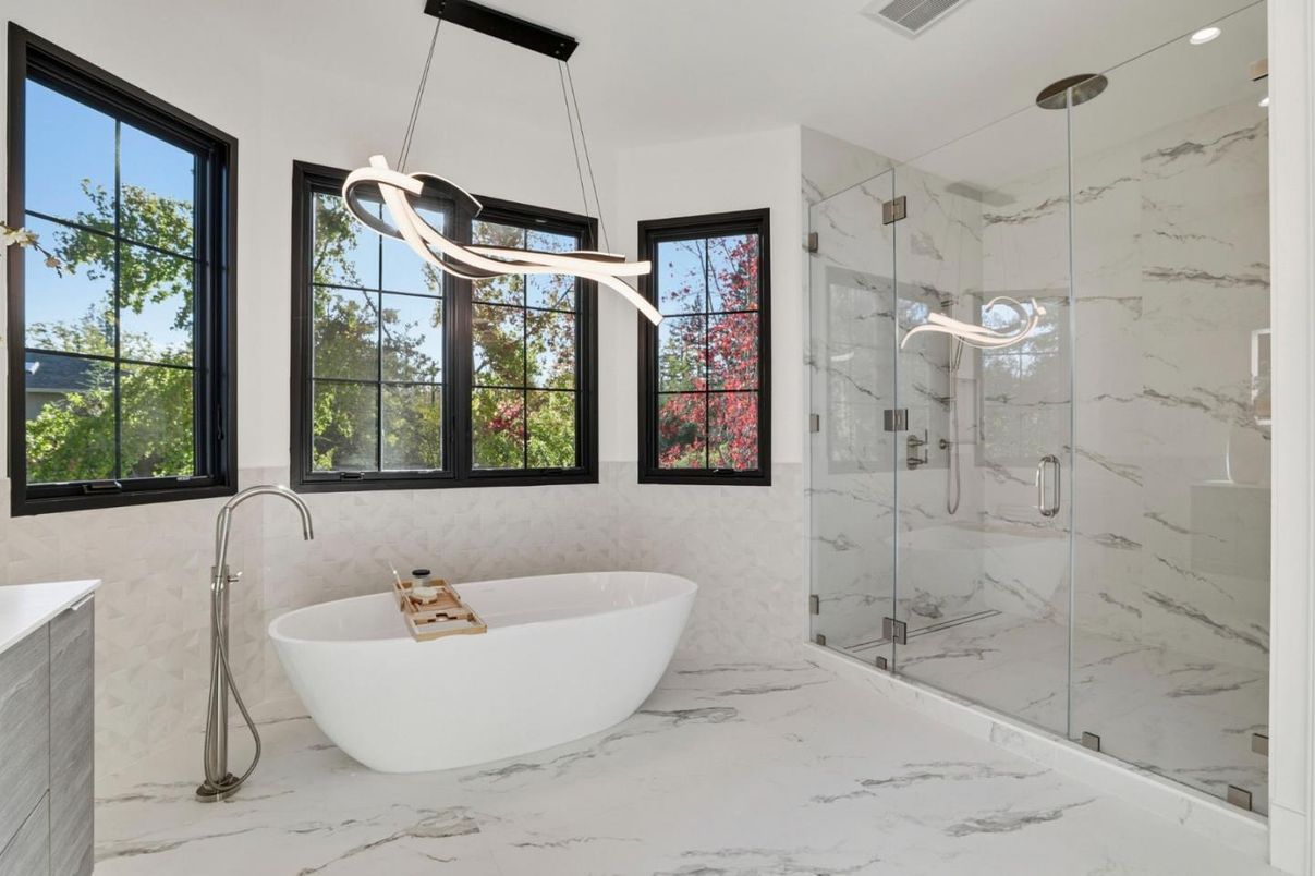 Bathroom, Free Standing Baths, Glass Shower, Interior, Marble, Marble Walls, Pendant Lights, Recessed Lighting