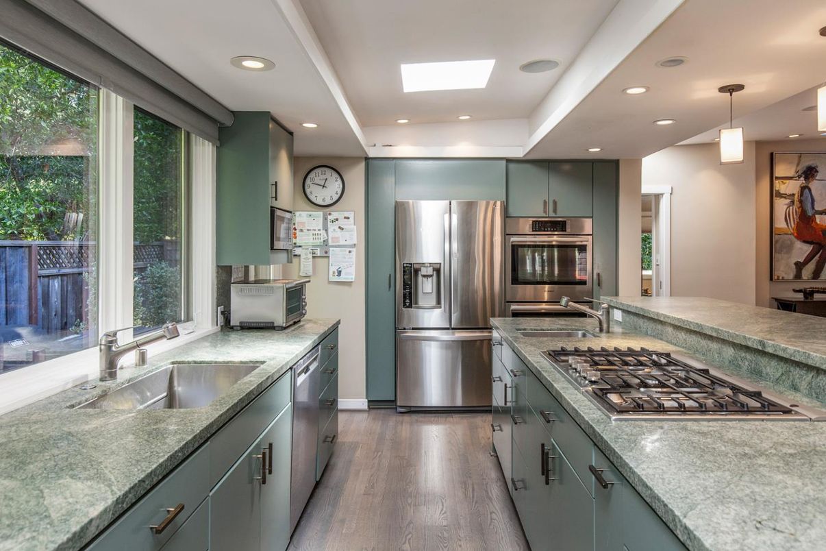 Interior, Kitchen, Pendant Lights, Recessed Lighting, Stainless Steel Appliances, Wood Texture Flooring