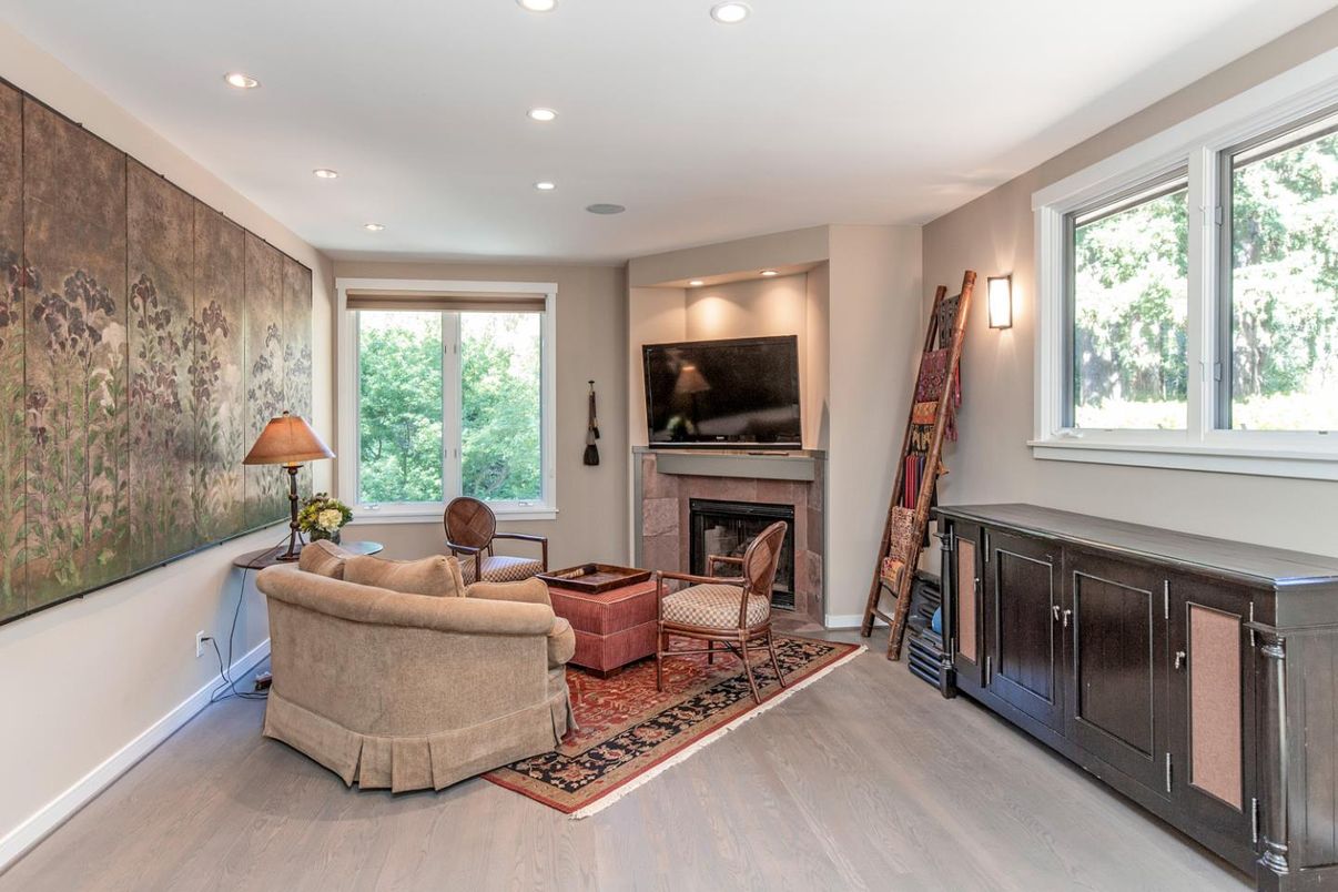 Fireplace, Interior, Living room, Recessed Lighting, Wood Texture Flooring