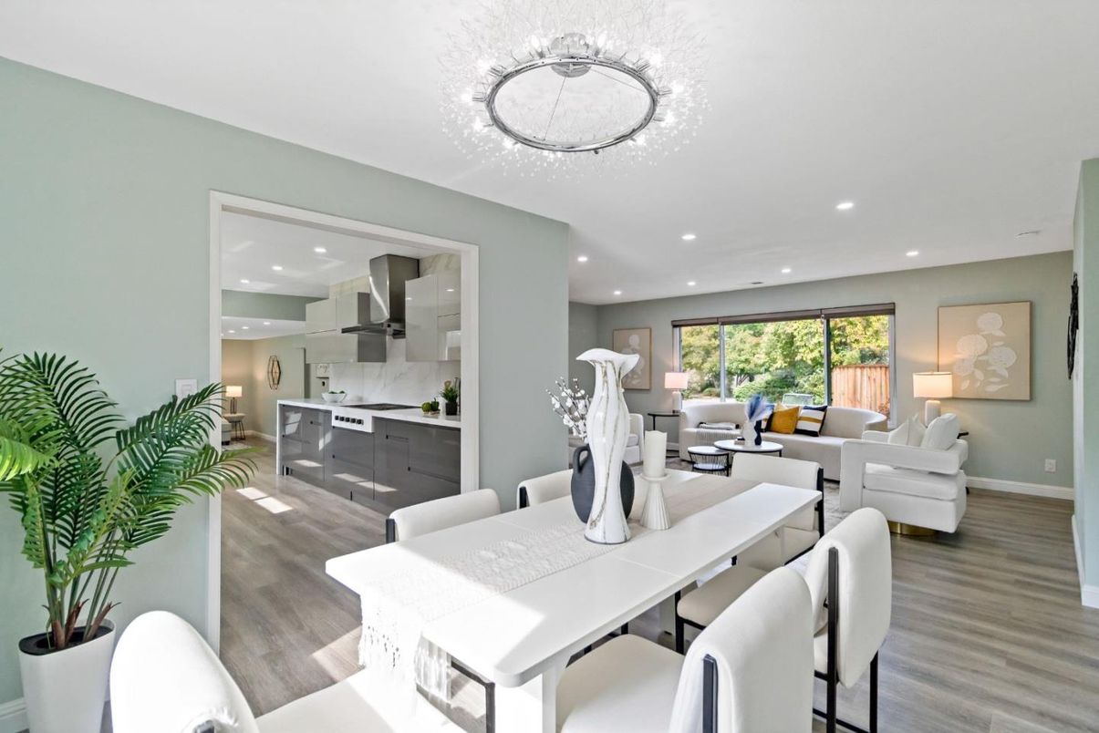 Dining room, Interior, Kitchen, Living room, Recessed Lighting, Wood Texture Flooring