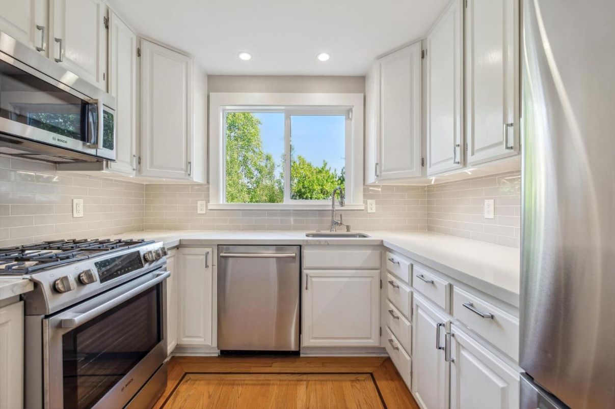 Interior, Kitchen, Recessed Lighting, Stainless Steel Appliances, Wood Texture Flooring