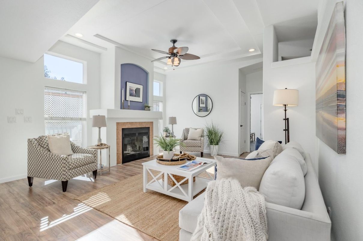 Fireplace, Interior, Living room, Recessed Lighting, Wood Texture Flooring