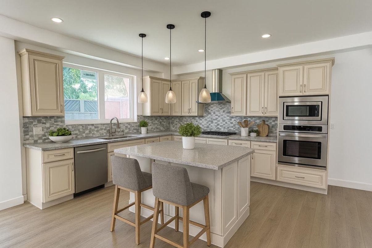 Interior, Kitchen, Pendant Lights, Recessed Lighting, Stainless Steel Appliances, Wood Texture Flooring