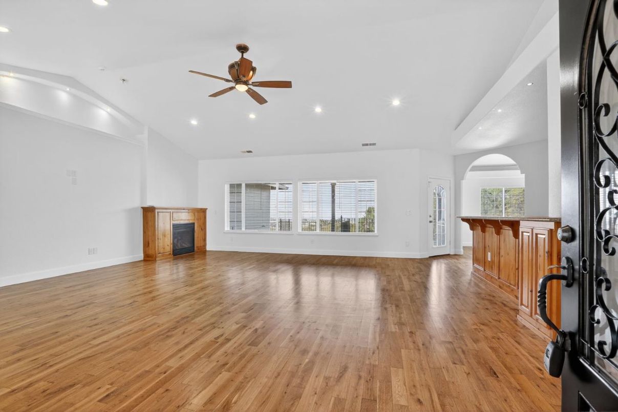 Empty room, Fireplace, Interior, Recessed Lighting, Wood Texture Flooring