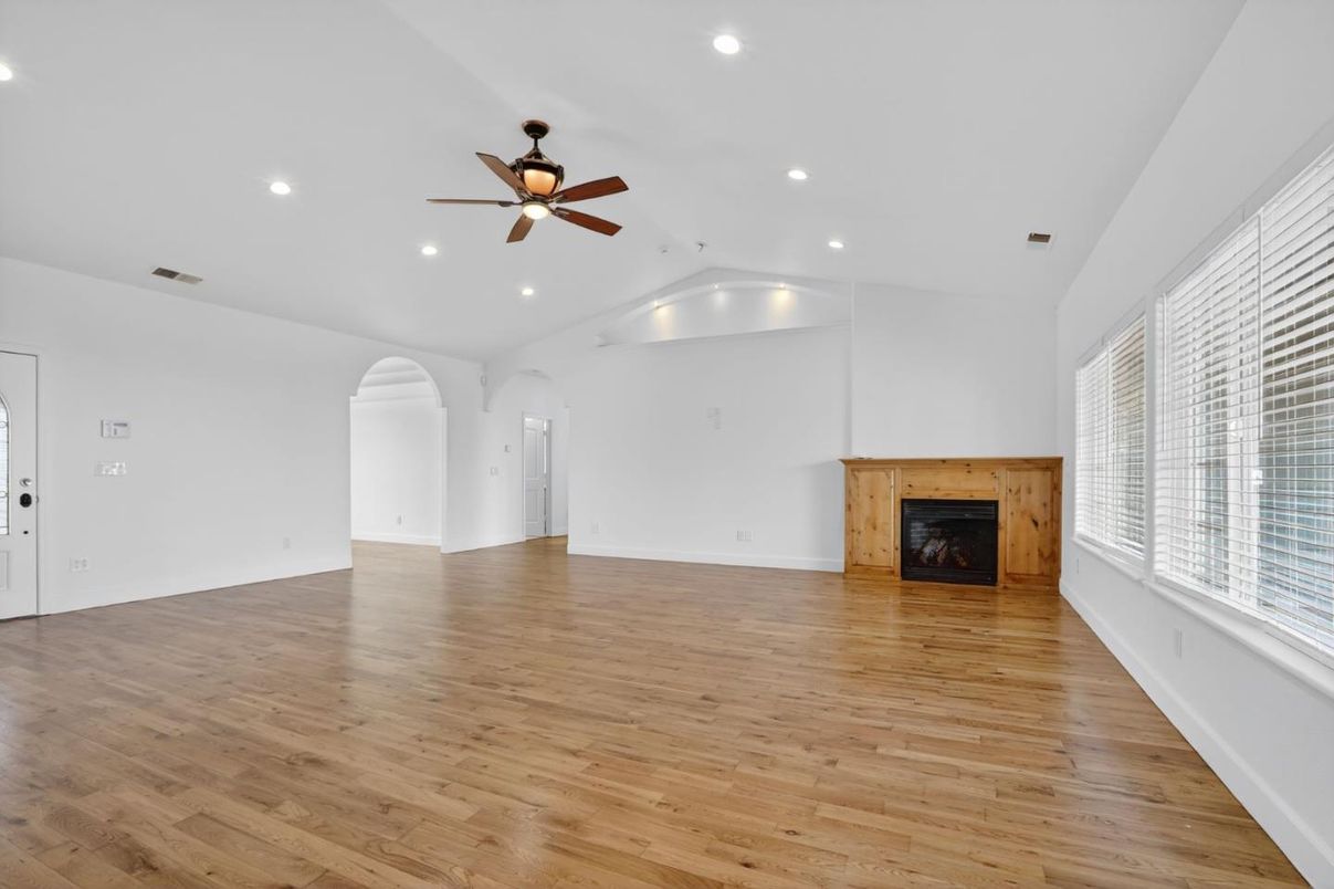 Empty room, Fireplace, Interior, Recessed Lighting, Wood Texture Flooring