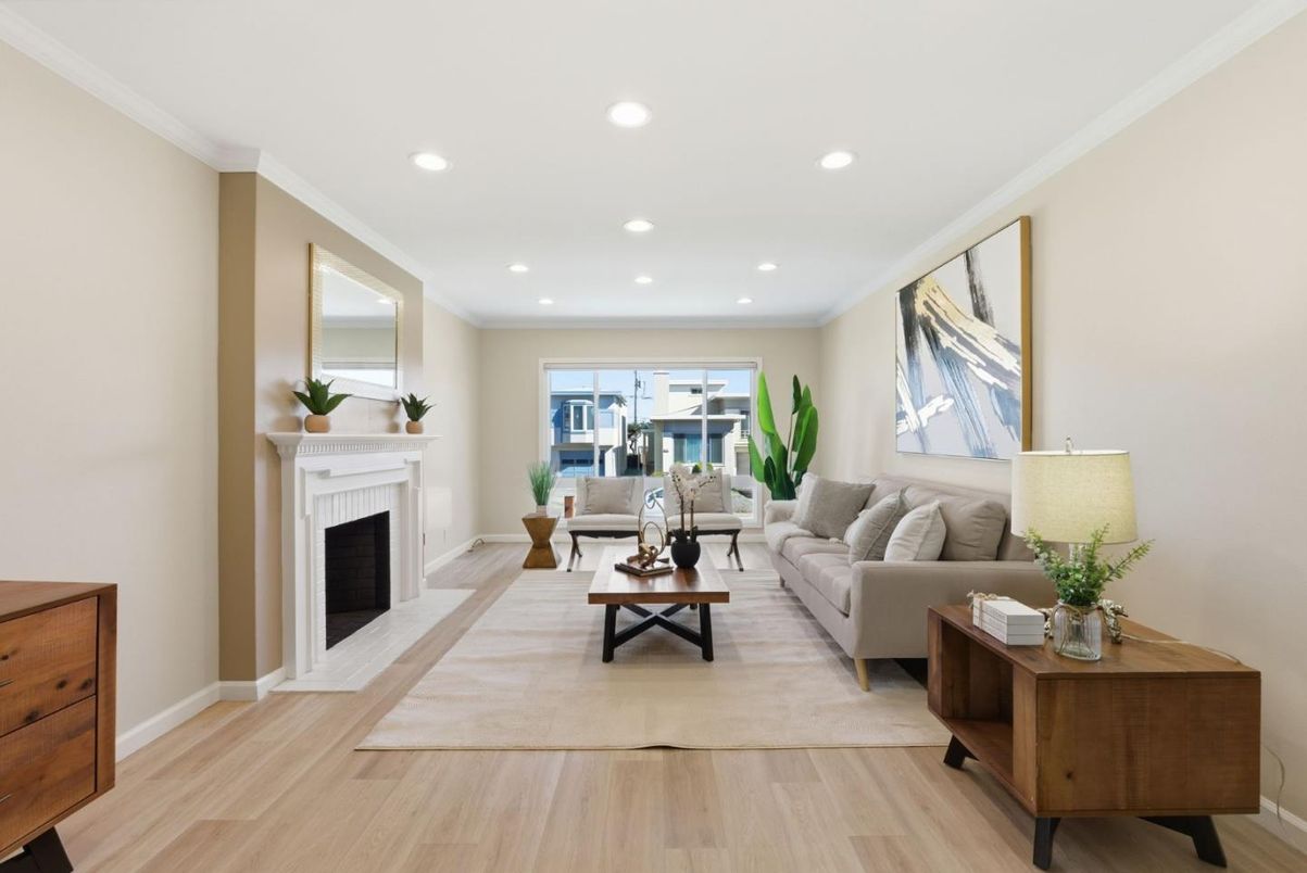 Fireplace, Interior, Living room, Recessed Lighting, Wood Texture Flooring