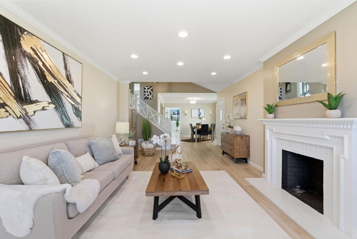 Dining room, Fireplace, Interior, Living room, Recessed Lighting, Wood Texture Flooring
