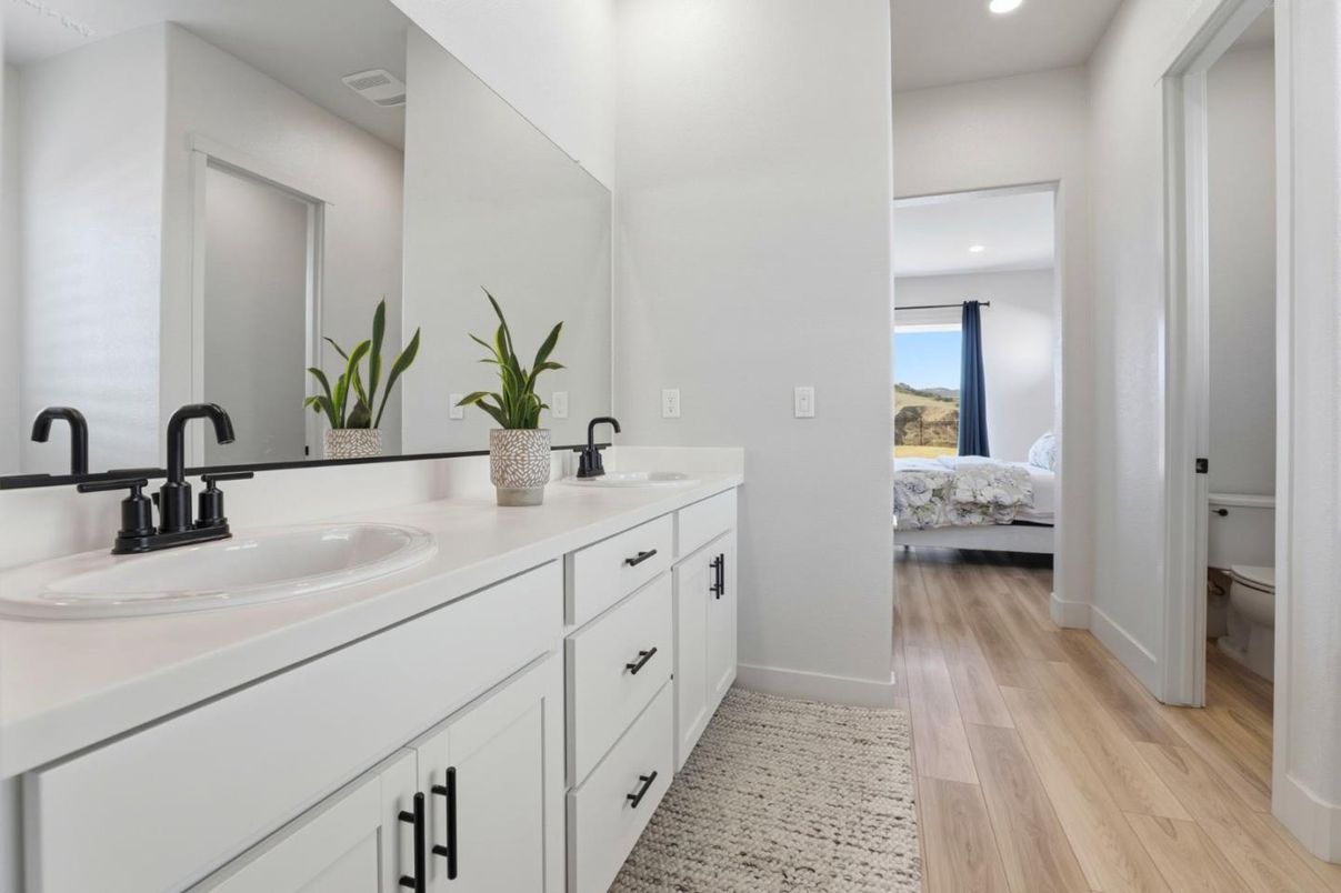 Bathroom, Bedroom, Dual Sink Vanities, Interior, Recessed Lighting, Wood Texture Flooring