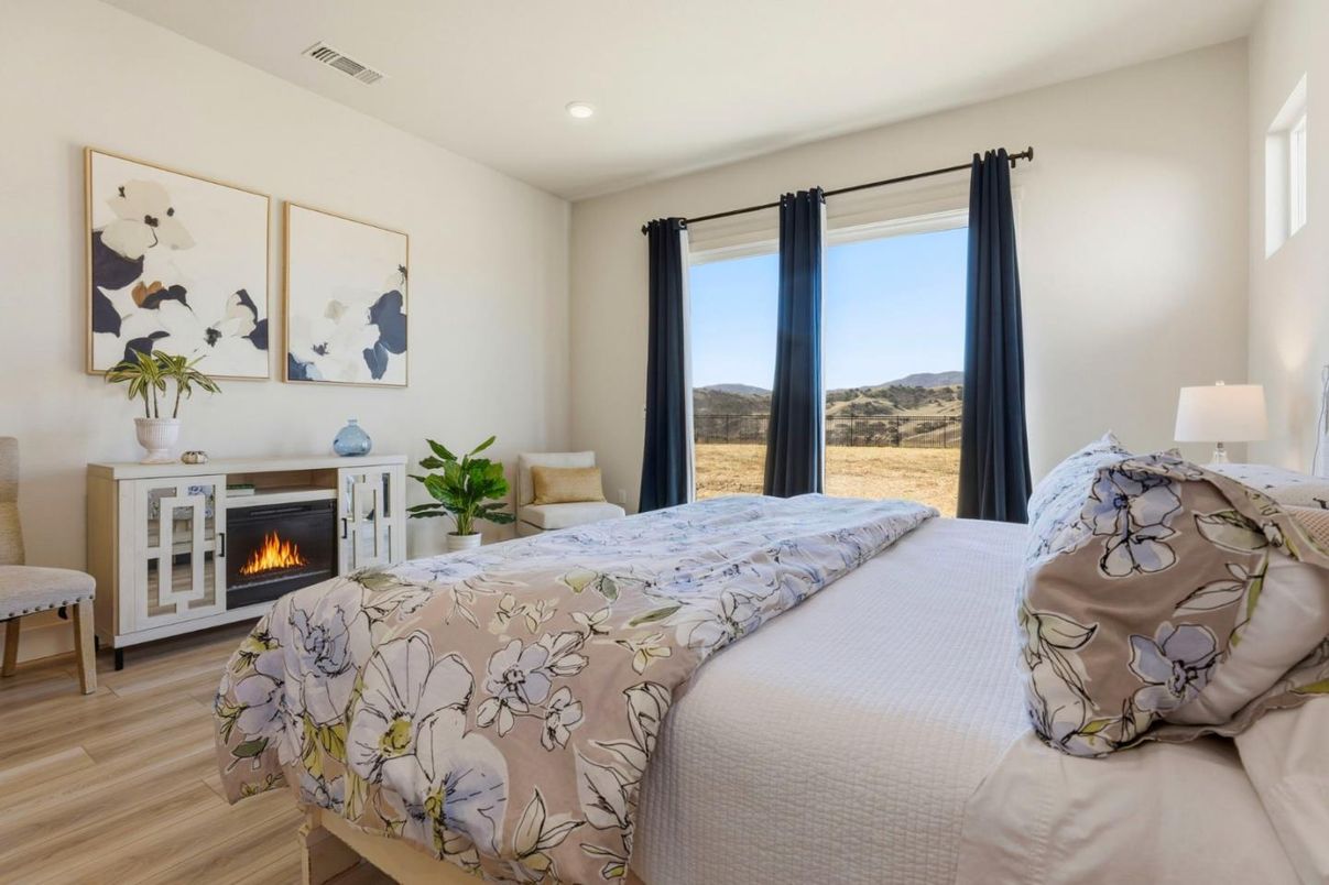 Bedroom, Fireplace, Interior, Recessed Lighting, Wood Texture Flooring