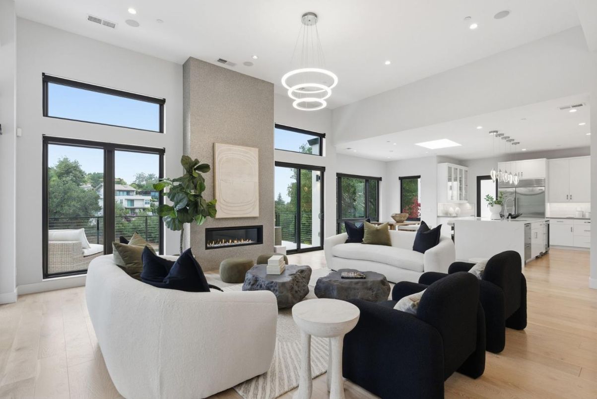 Fireplace, Interior, Kitchen, Living room, Pendant Lights, Recessed Lighting, Wood Texture Flooring