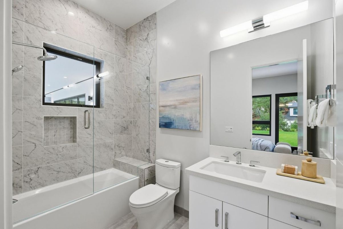 Bathroom, Glass Shower, Interior, Marble Walls, Recessed Lighting